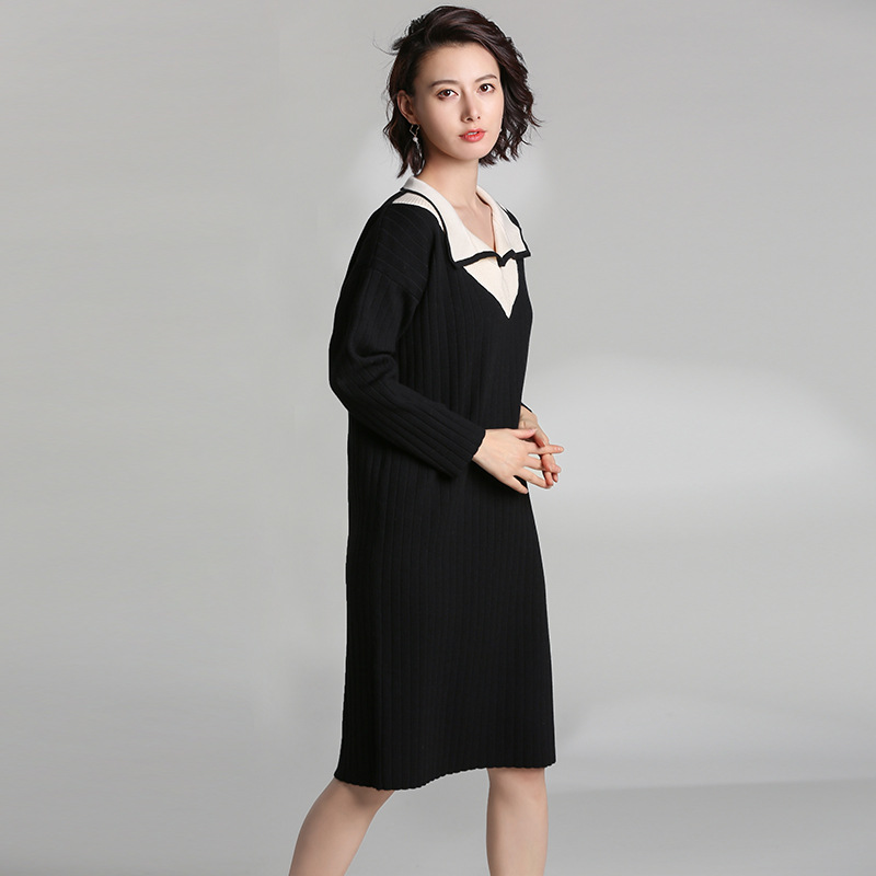 양모 블렌드 양모 여성 양모 공장 가공 V 넥 대비 색상 큰 원피스 그림 샘플 작은 배치 사용자 정의