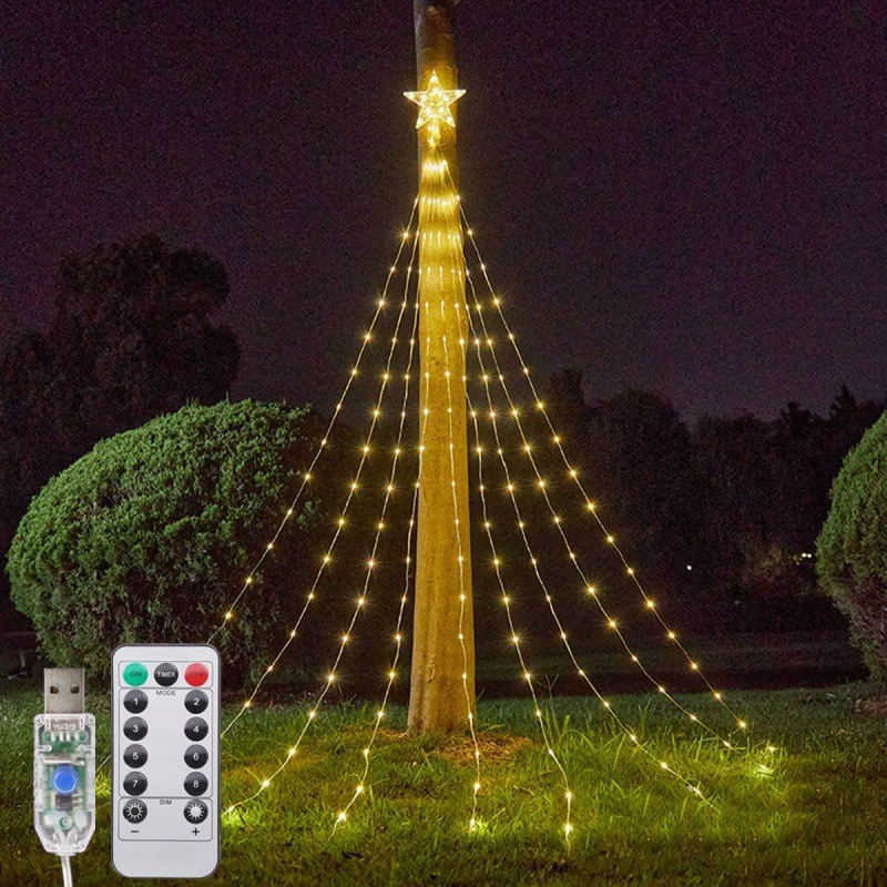 Рождественские кожаные проволочные верхние огни для елки, водопадные огни, мигающие гирлянды, уличные водонепроницаемые подвесные елочные огни, атмосфера двора, декоративные огни, фонарики