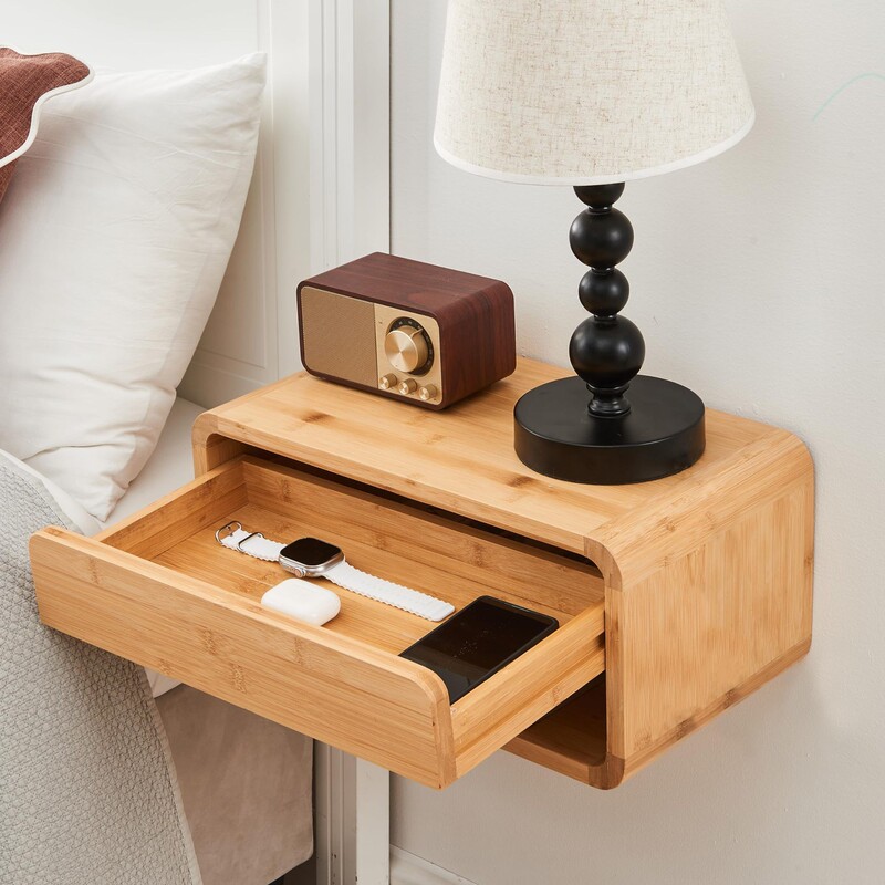 Cross Border Bamboo Side Table Drawer Open Shelf Bamboo Floating Bedside Table Fully Assembled Wall Mounted Bedside Table