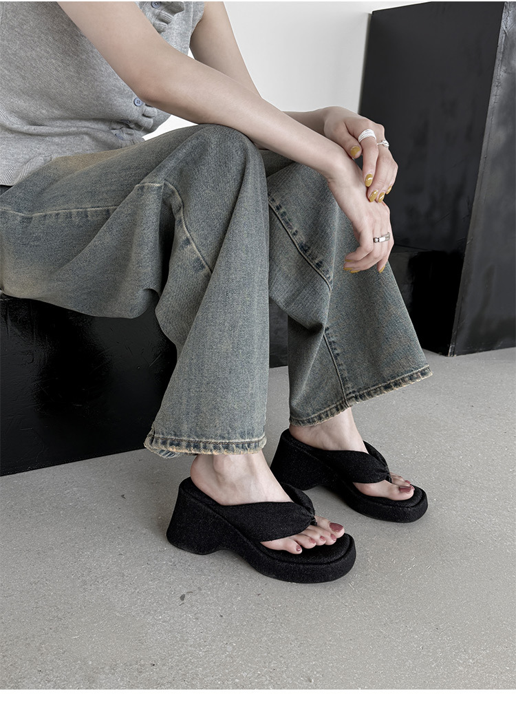 Dép xỏ ngón nữ đế dày denim đi biển mùa hè — Màu đen, Xanh denim chi tiết 18