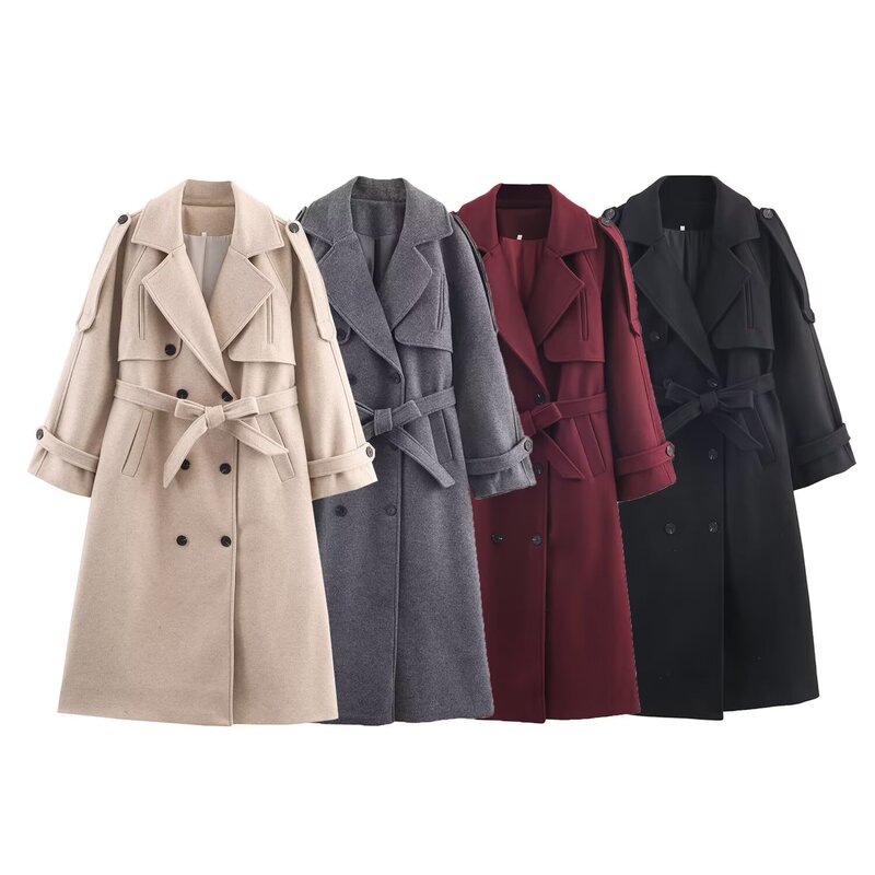 European and American Cross-Border Women's Clothing Wholesale Women's Belted Double-Breasted Coat Jacket European and American Cross-Border Women's Clothing Wholesale Women's Belted Double-Breasted Coat Jacket