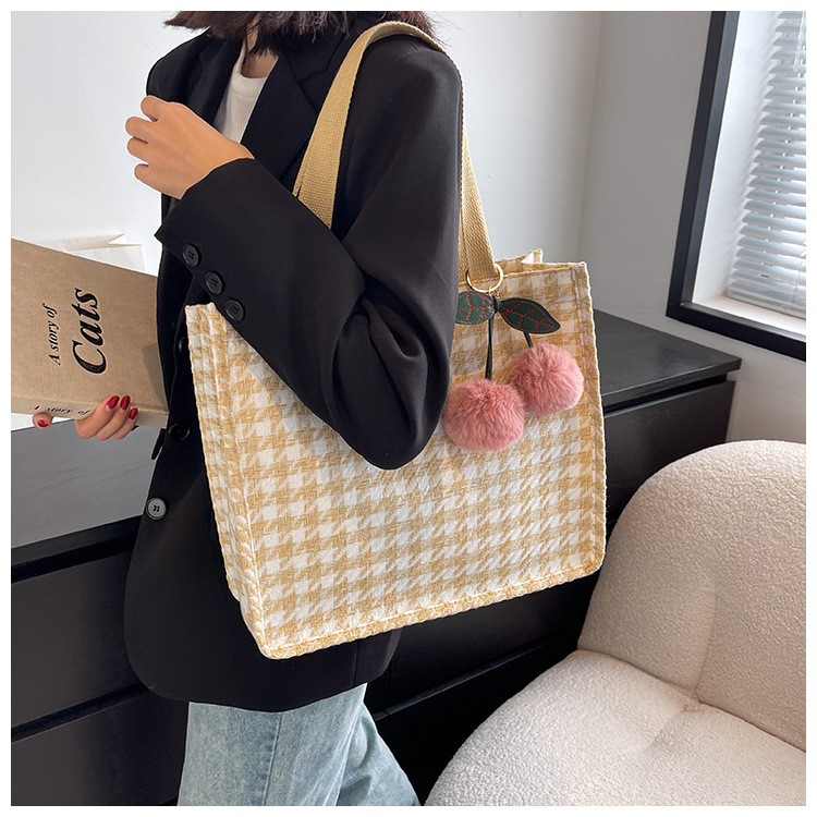 Open Closure Type Single Shoulder Strap Strap Type Women's Large Canvas Houndstooth Vintage Style Square Open Shoulder Bag Tote Bag