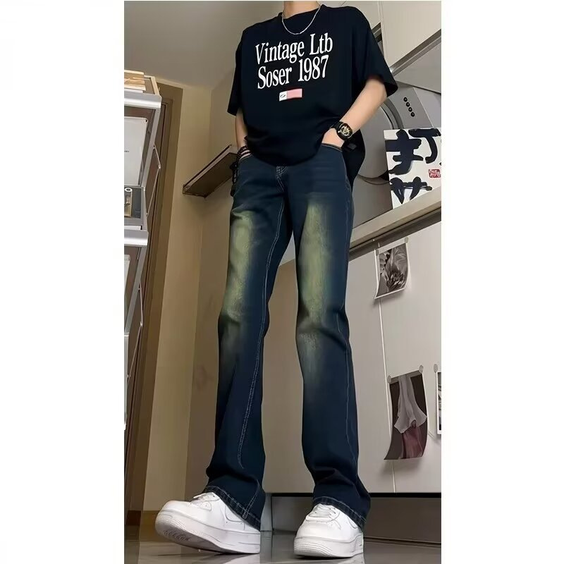 American Style High Street Vibe Pants navy blue Jeans Men's Washed Vintage Straight Scimitar Slim Trendy Pants