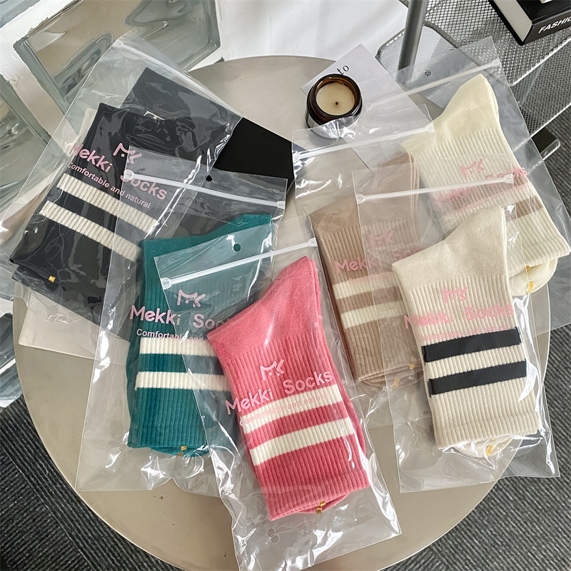 Women's Socks for Autumn and Winter, New Style Slouch Socks with Two Stripes, Mid-Calf Socks for Women, Individually Packaged