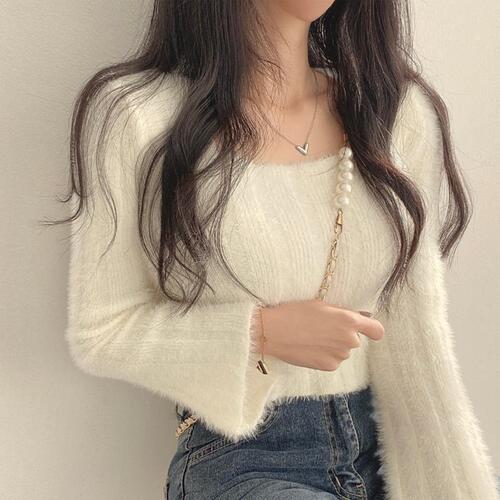 Soft waxy square collar mink fluffy clothes for women, Korean style pure desire short knitted shirt, temperament slim inner top for autumn and winter