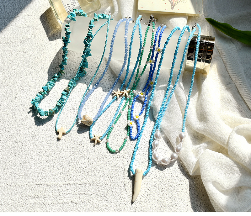 Bohemian handmade blue bead turquoise pearl flower stacked collarbone chain
