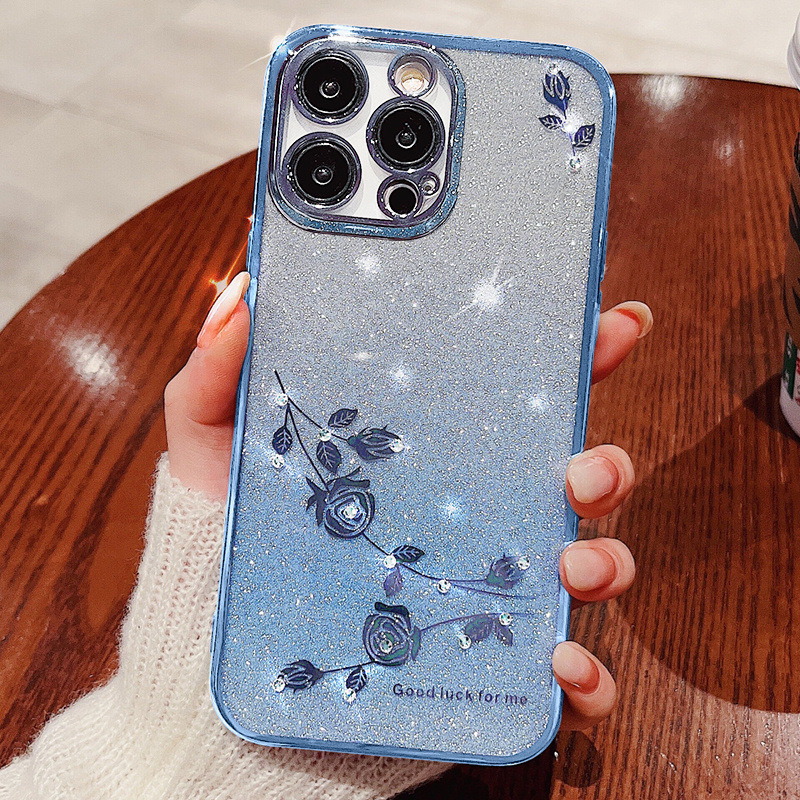 Aplicable a iPhone17Pro caso de teléfono móvil gradiente polvo de brillo de diamante de manzana 16 galvanizado inmortalidad flor de caída funda suave