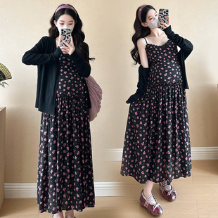 Pregnant Women suit 2025 Spring and Summer New Fashion Internet Celebrity Floral Sling dress Small Cardigan Elegant Outer Wear