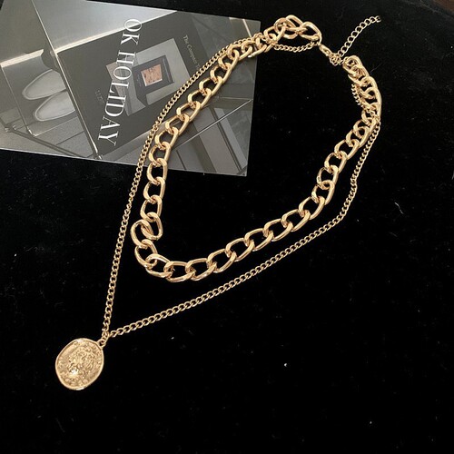 Japanese and Korean Hip-Hop Style Portrait Exaggerated Rough Chain Necklace Double Layer Personality Chain Hip-Hop Choker Short Clavicle Chain for Women