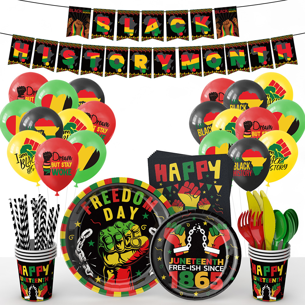 Transfronterizo negro día de la independencia decoración de fiesta juneteenth mes histórico bandeja de papel desechable taza de papel set de globos