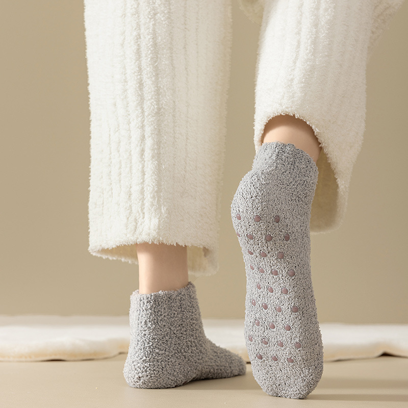 Unisex non slip glued boat socks for women winter thick floor socks solid color slippers socks coral fleece home socks_maomaolike.com