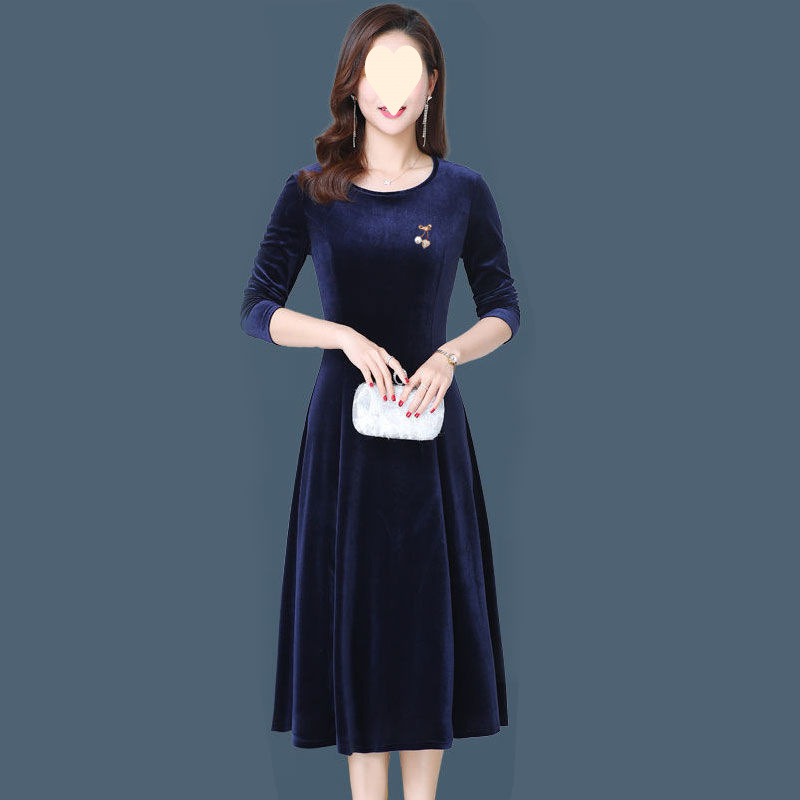 连衣裙女秋冬新款金丝绒连衣裙女中长款修身大码妈妈裙女装|undefined