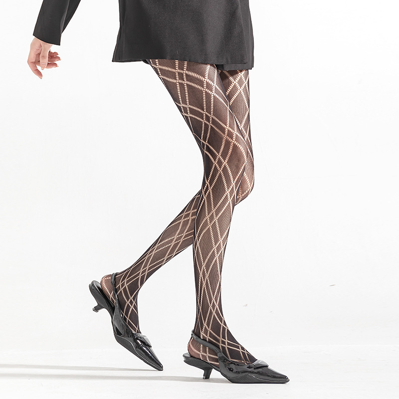 Medias de tela escocesa en forma de diamante blanco pantimedias de seda negra delgada para mujer Lolita pure deseo estilo pantyhose pierna-formando bottoming fishnet calcetines