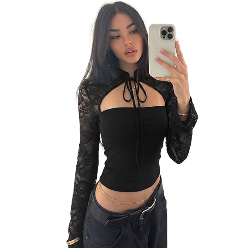 Comercio exterior 2026 otoño y invierno nuevo estilo de ropa de mujer europea y americana de color sólido sexy encaje splicing caliente delgado ombligo camiseta de manga larga image 6