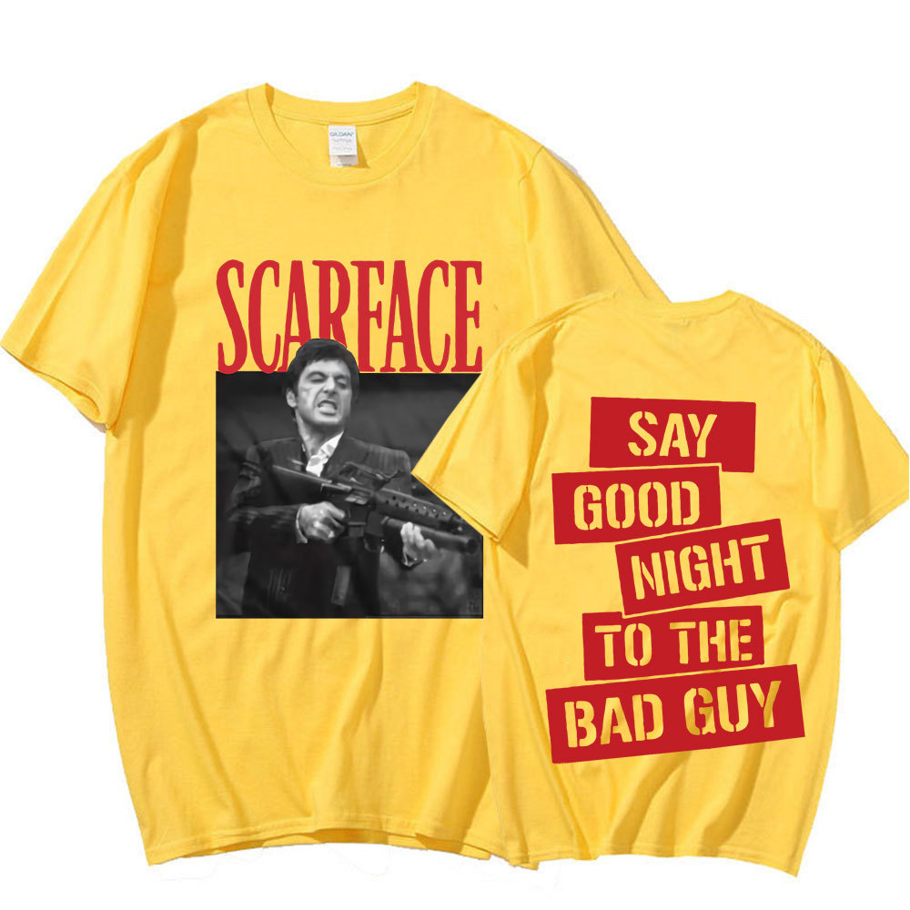 Película de los 90 "Scarface" Camiseta de Tony Montana a los malos, lema de buenas noches, camiseta gráfica