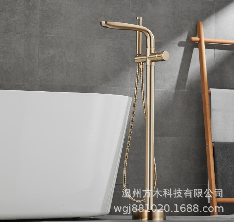 Black chrome-plated brushed gold gun gray floor-standing single-handle double-control ceramic valve core hot and cold water faucet, wooden bucket bathtub, showerhead undefined