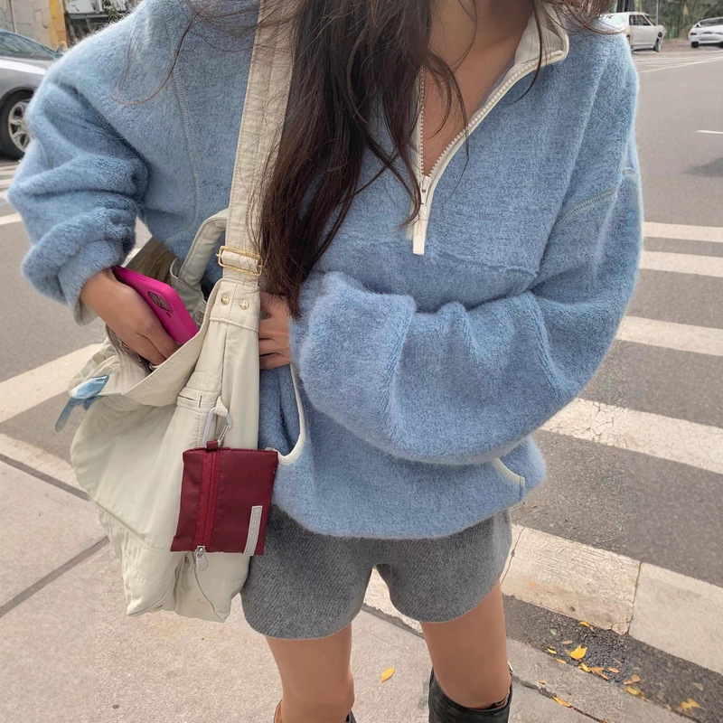 In Stock Korean Designer Tann*T Fleece Half-Zip Sweatshirt Korean Style Women's Clothing Preppy Style Plush Top