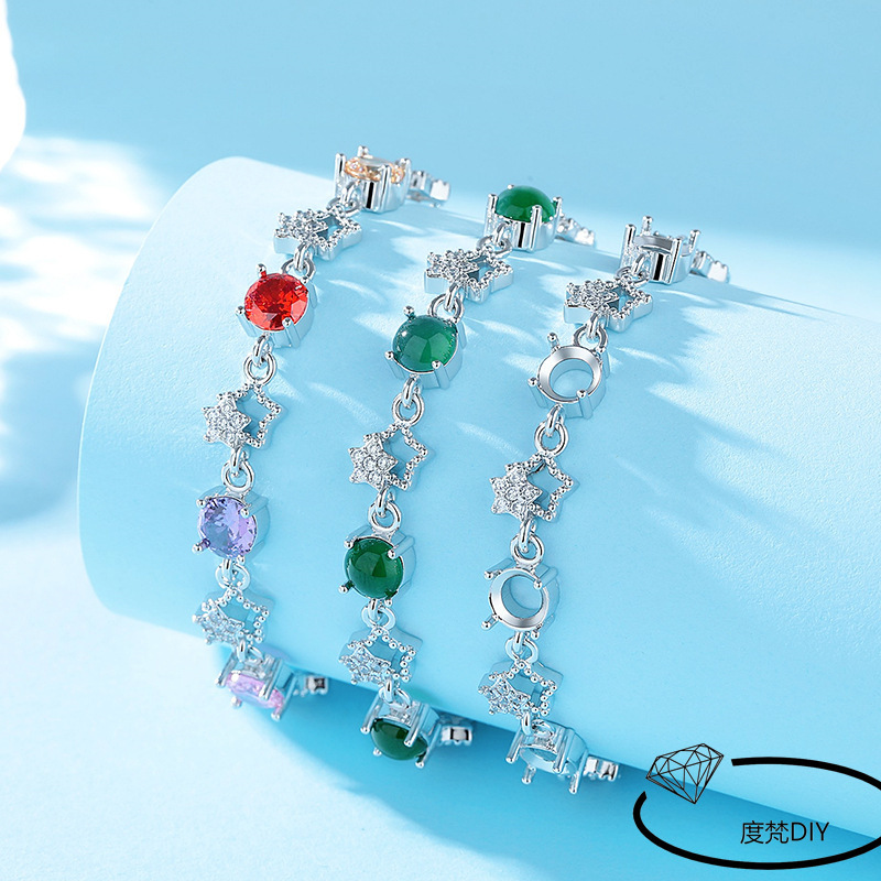 Trendy White Gold Double Star Women's Bracelet with Empty Copper Setting for DIY Inlay of Round Zircon, Jade Cabochon, Imitation 925