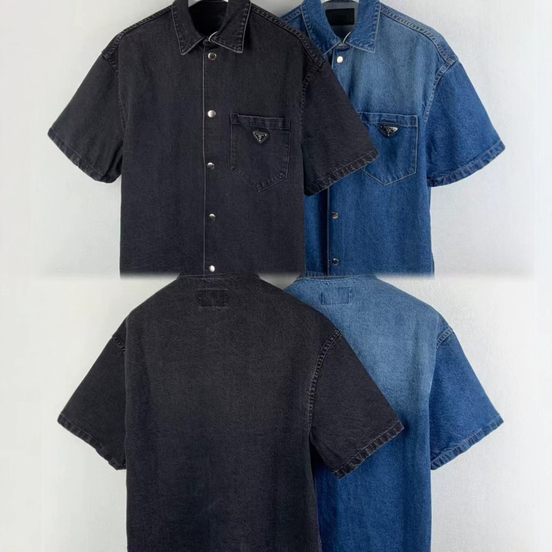 Factory Direct Sales Summer Classic Triangle Logo Solid Color Denim Shirt Unisex Loose Casual Short-Sleeve Turn-Down Collar Jacket Factory Direct Sales Summer Classic Triangle Logo Solid Color Denim Shirt Unisex Loose Casual Short-Sleeve Turn-Down Collar Jacket