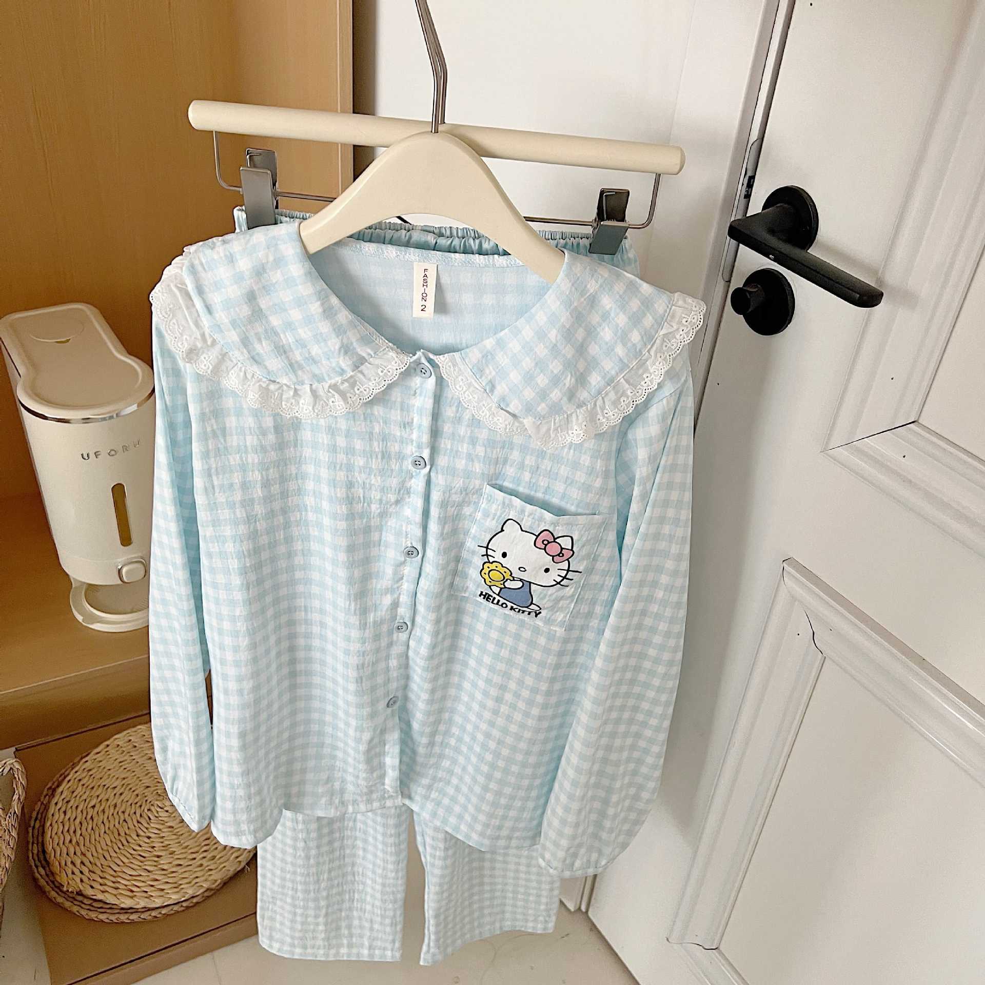 Dolce y lindo encaje de otoño transpirable nuevo algodón nubes pantalones de manga larga camiseta de encaje pijama ropa para el hogar