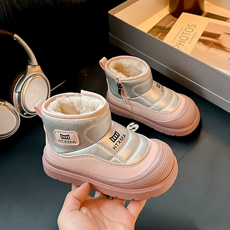 Children's cotton boots snow boots 2025 spring new velvet thickened protective cotton shoes for middle and large children and girls warm cotton boots