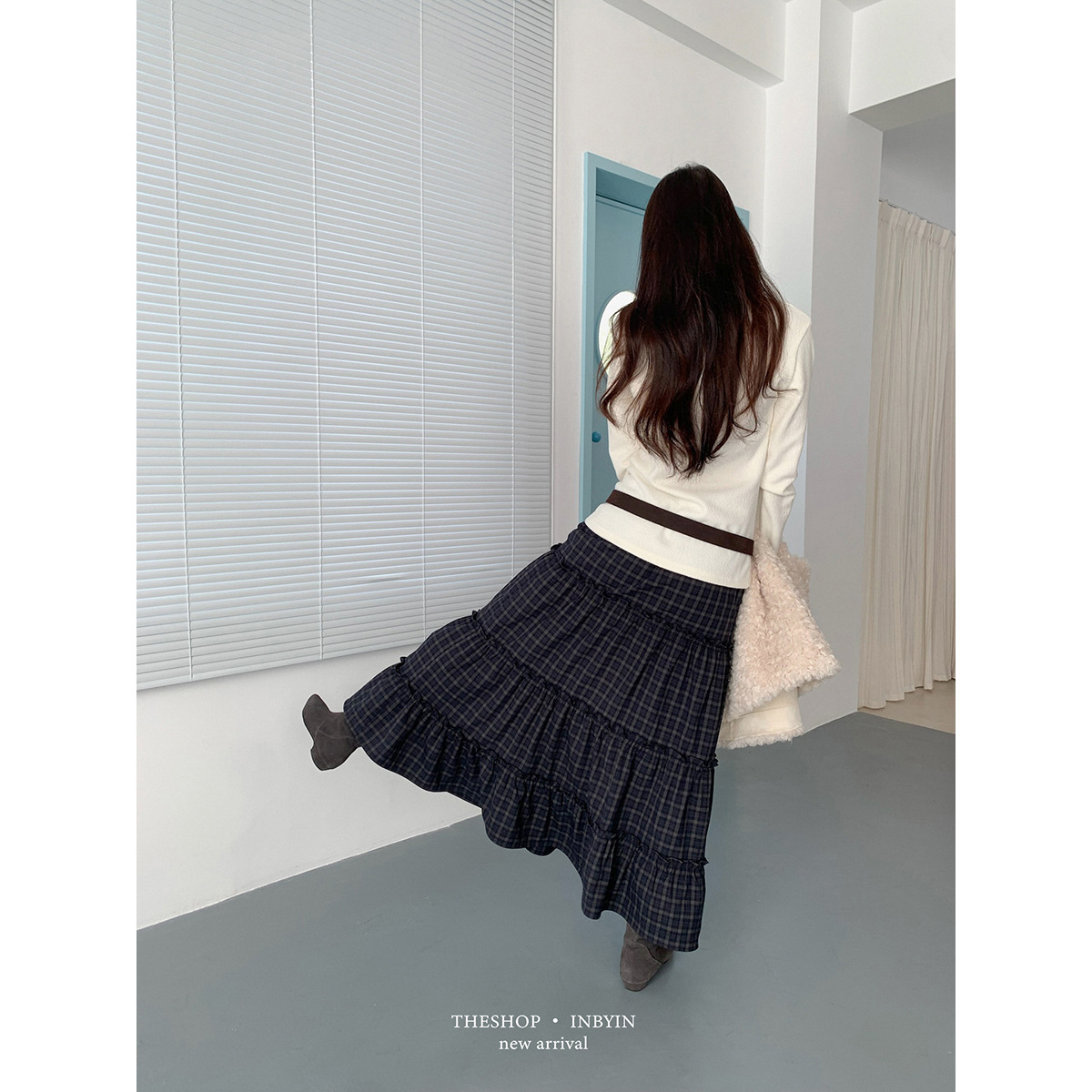 GraceChic GraceChic GraceChic Inbyin Gonna midi a quadri arricciati in stile coreano per donna, lunga vita elastica, che copre i fianchi, snellente_voghion.com