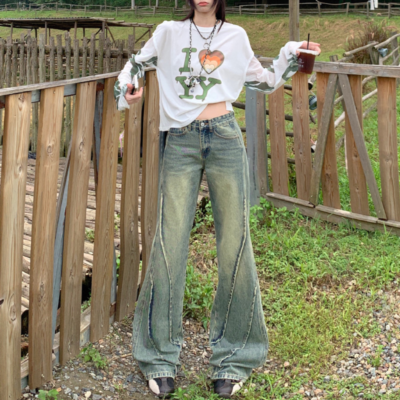 Spice Girls Retro Fold Stitching Curve Jeans Women's New Design Feeling Old This Year's Popular Wide Leg Pants