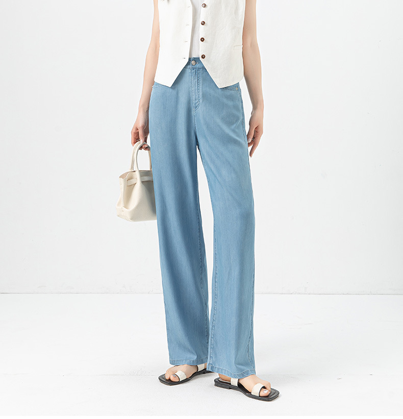 Quần jean ống rộng cạp cao vải Tencel mỏng mùa hè — Màu xanh lam chi tiết 2