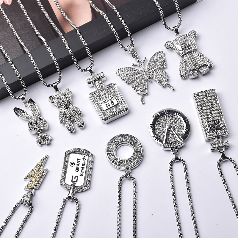Full Diamond Bear Butterfly Rabbit Pendant Stainless Steel Necklace Hip-Hop Unisex Long Sweater Chain Accessories Wholesale