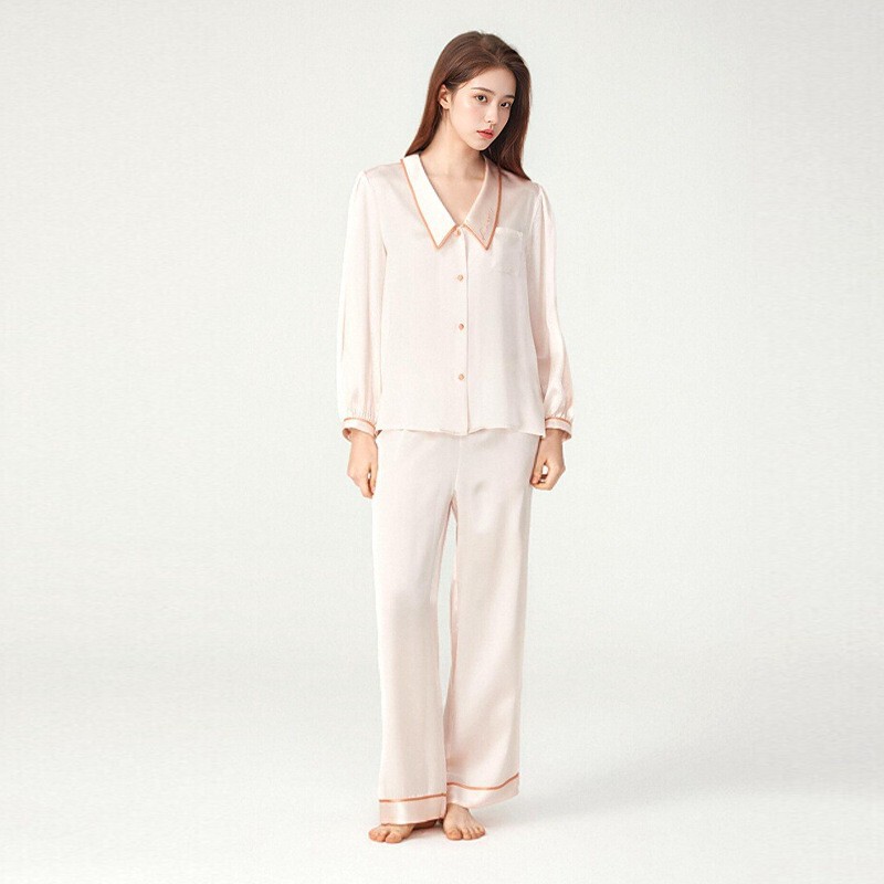 Spring and Summer New Style Silk Pajamas for Women, Doll Collar Embroidered Long-Sleeved Trousers, 100% Mulberry Silk Home Wear Set
