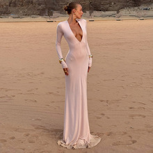 Y25DS249欧美女装秋季亚马逊新款纯色深V领长袖包臀性感连衣裙女