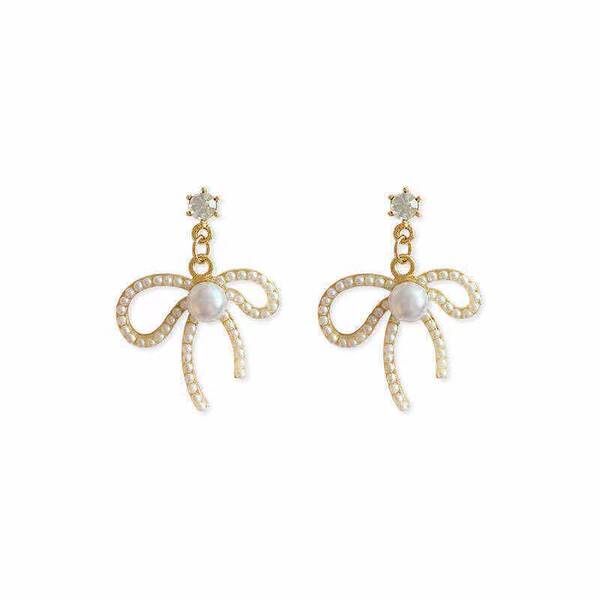 Fashionable cute retro earrings with bow with zircon from pearl