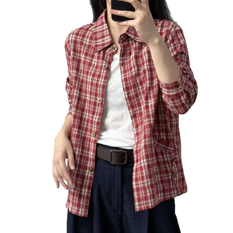 宽松棉麻大码复古格子衬衫外套女春秋款设计感小众宽松长袖上衣女|undefined