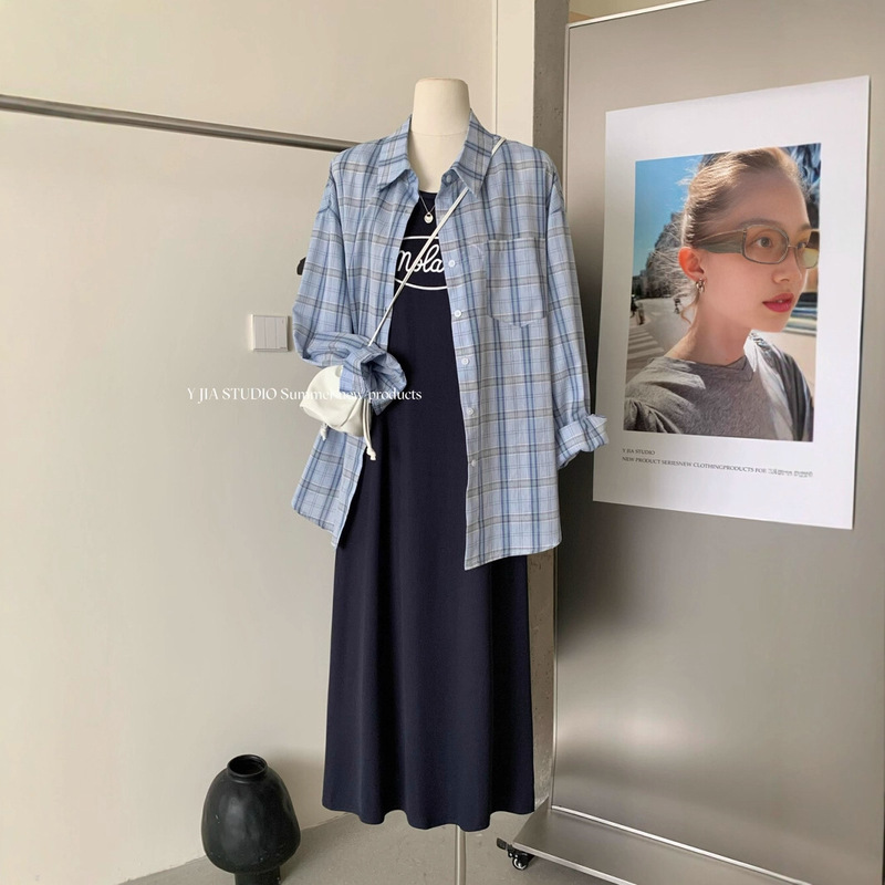 Y.JIA 夏レイジースタイルレトロルーズチェック柄シャツ+スリムレターベストドレス6003|undefined