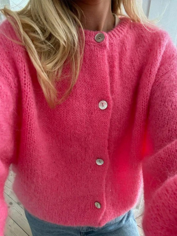 Áo cardigan len dệt kim dáng mỏng nhẹ cài nút một hàng, tay dài cổ tròn nữ — hoa hồng đỏ, màu be, màu cam, màu hoa cà chi tiết 23