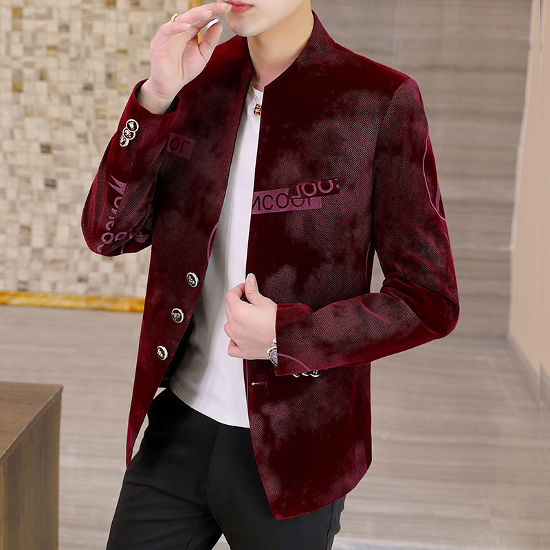 High-Quality Men's Printed Small Suit Men's Korean Style Slim Stand-Up Collar Tunic Casual Suit Thin One-Piece Drop Shipping