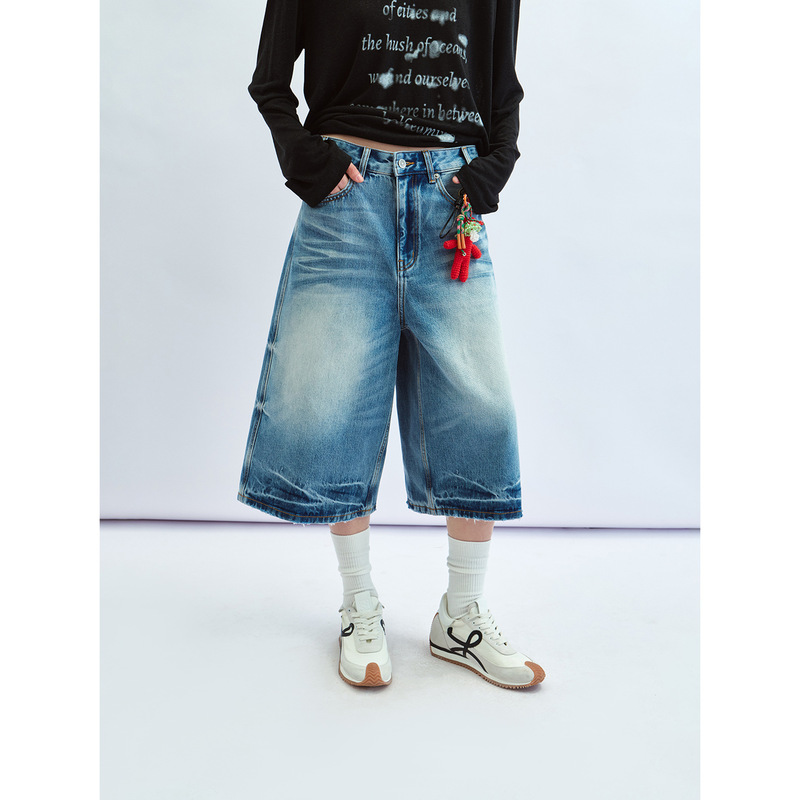 【Time Label Black】New Retro Washed Texture Cropped Pants Loose Wide-Leg Versatile Jeans for Women V60172