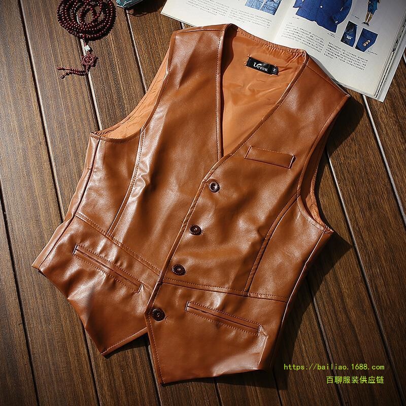 Men's Spring and Autumn New Casual Fashion Easiest for Match Sleeveless Pu Vest Men's Leather Slim Vest Western Cowboy Style