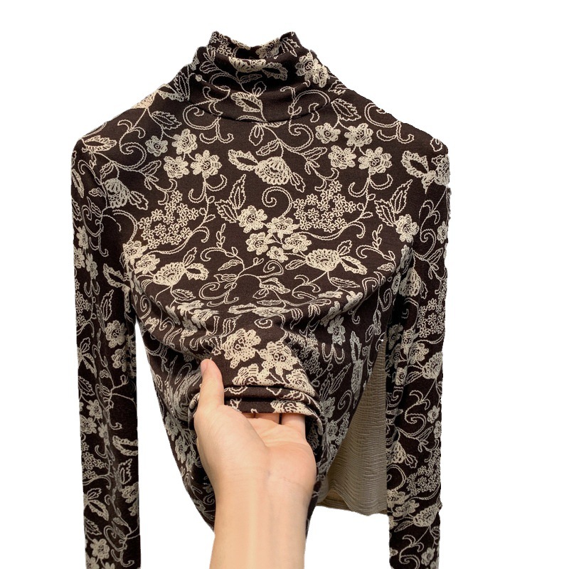 Camisa de fondo de cuello alto para mujer 2023 nuevas mujeres europeas vintage impreso estilo occidental pequeña camisa elástica Cintura interior apretada superior