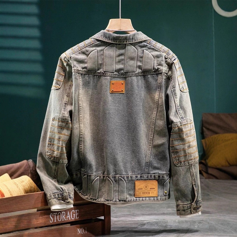 Retro American Style Vintage Washed Patchwork Motorcycle Jacket Denim Turn-Down Collar Hip-Hop Loose Workwear Coat