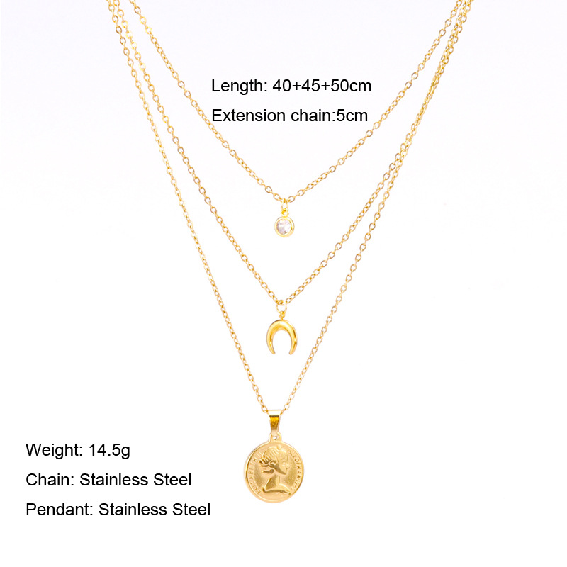 Retro Portrait Moon Titanium Steel Plating Layered Necklaces 1 Piece