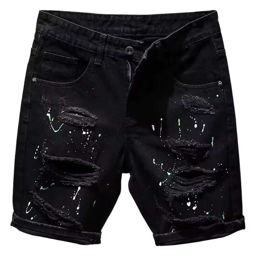 Летние дыры тонкие джинсовые шорты мужские черные дикие популярные стирание