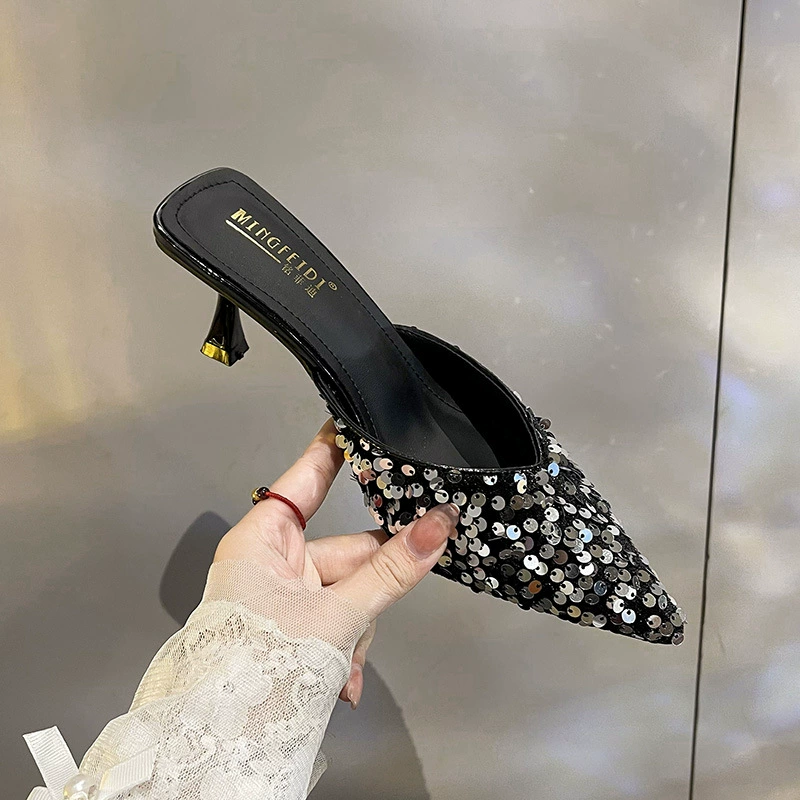 Лето 2025 новая сетка красные стразы полутапочки Баотоу холодные тапочки на высоком каблуке женские модные каблуки