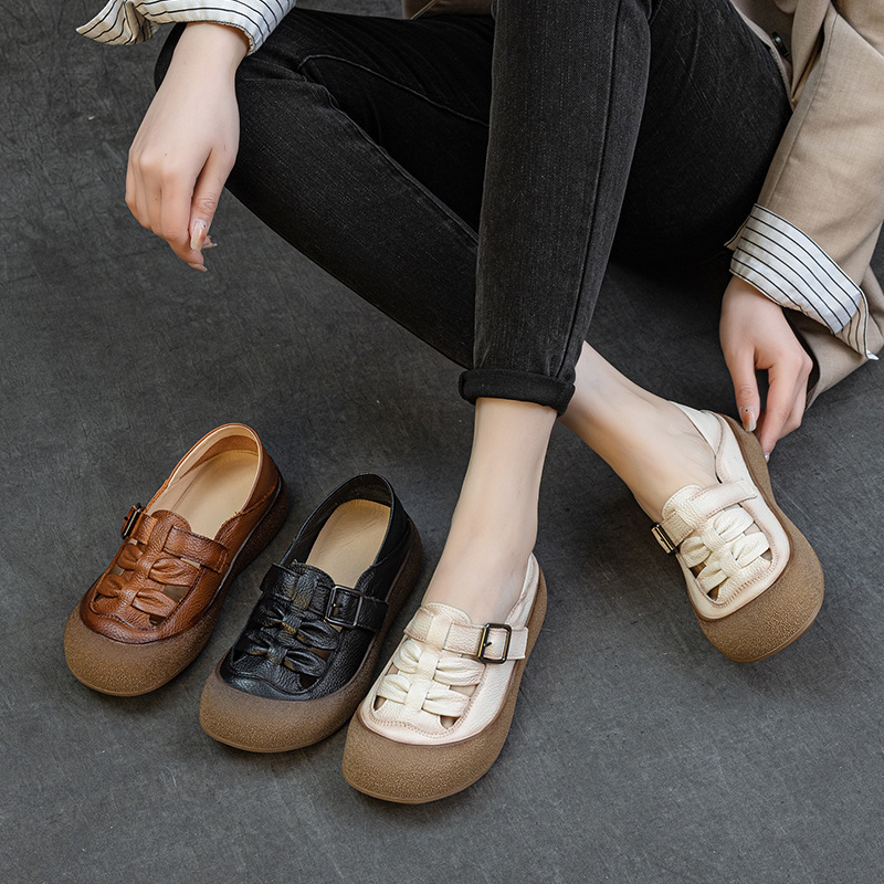 头层牛皮女凉鞋春夏新款平跟软底防滑复古手工简约镂空洞洞单鞋