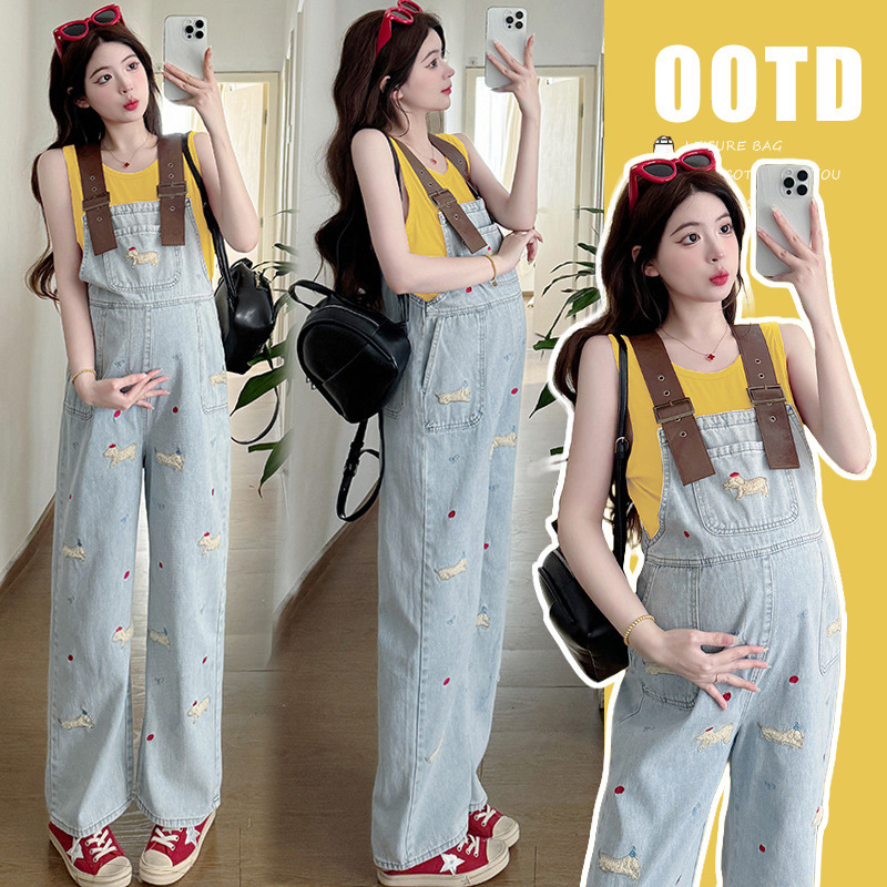 Pregnant Women suit 2025 Summer New Dachshund Dog Embroidered Denim Loose Overalls Sleeveless Shirt for Buy