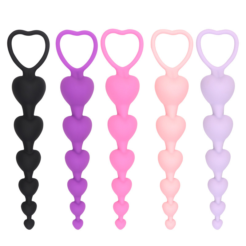 Slender Silicone Anal Beads Plug with Heart Pull Ring, Manual Beginner Toy — detail image 13