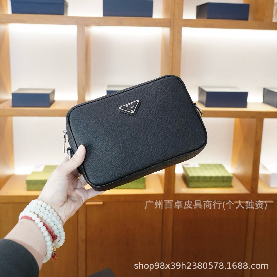 P Brand First Layer Cowhide Triangle Logo Crossbody Bag Genuine Leather Camera Bag Versatile Fashion Men's Bag