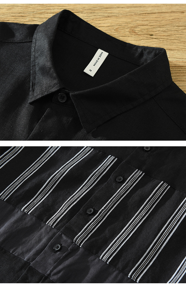 2026 Men's Loose-Fit Trendy Casual Japanese Style Patchwork Three-Quarter Sleeve Linen Shirt, Wholesale Available_viptrois.com