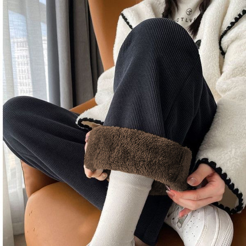 Women's Winter Fall Thick Fleece Wide Leg Pants with Cashmere 2024 New Thick Lamb Wool Straight Leg Pants