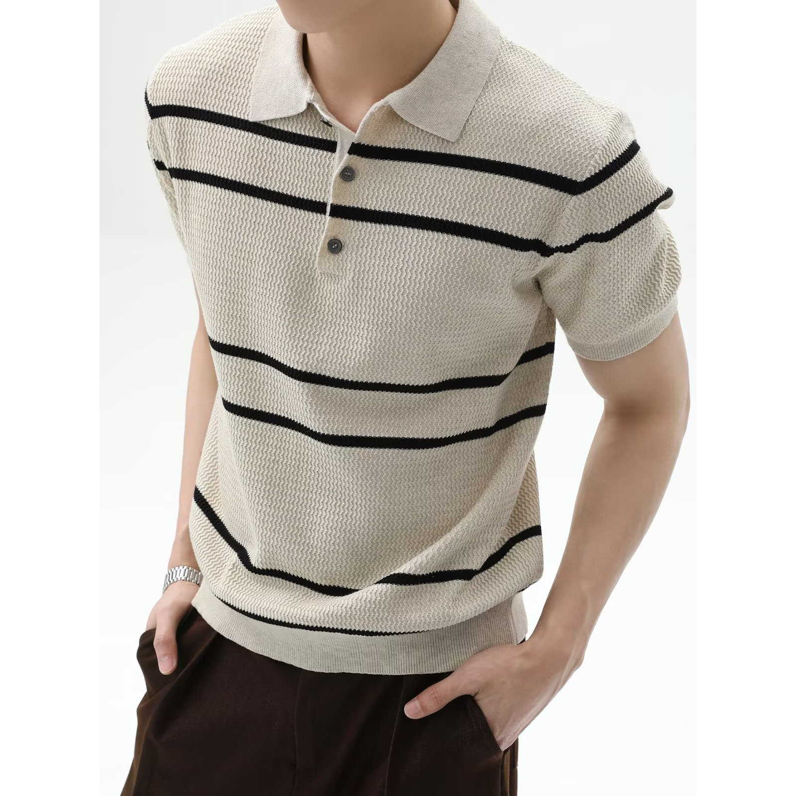 Camisas de polo de manga corta de estilo antiguo, camisetas de punto de hombre, camisetas de negocios de verano a rayas, fábrica al por mayor.